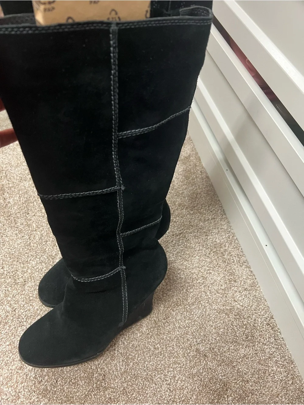 Genuine Stylish black suede knee boots with a comfortable wedge heel.